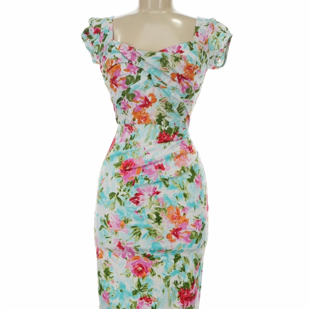 Stop Staring! Floral retro style cocktail dress Aqua with Pink & Orange Blooms